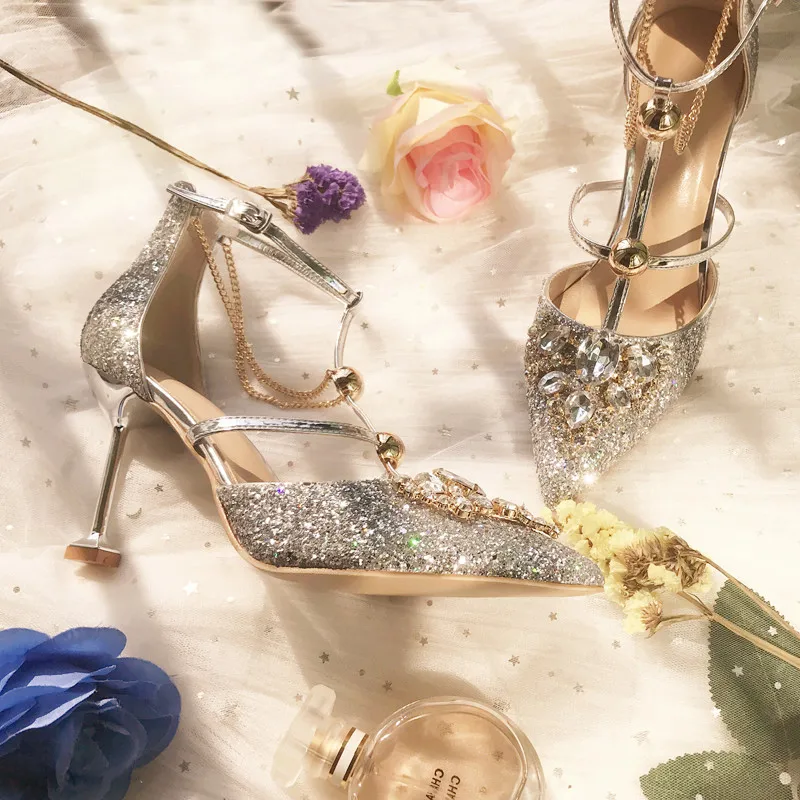 

2019 new wild high-heeled sandals sexy crystal word buckle with pointed fine with silver wedding shoes sandals women