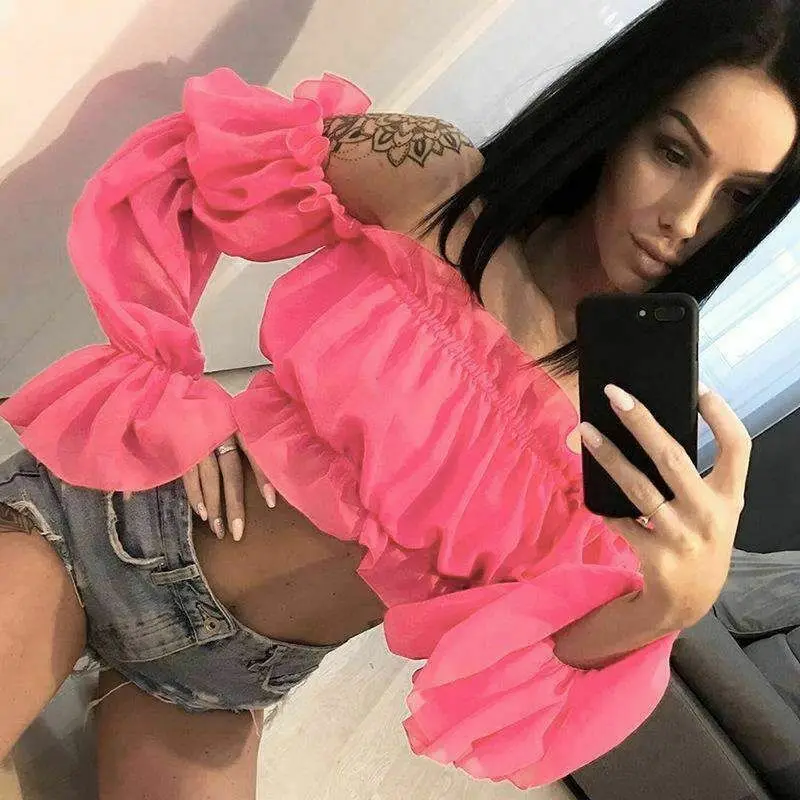 

Fashion Women Chiffon Off Shoulder Flare Sleeve Slash Neck Shirt Loose Pleated Casual Ruffle Blouse Sexy Cop Tops