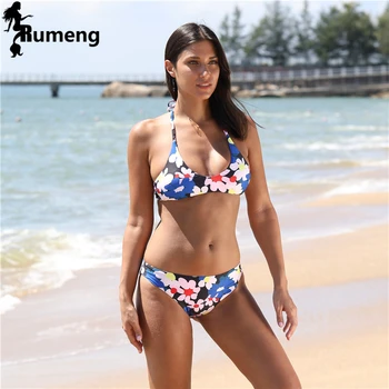 

RUMENG Women 2018 Print Floral Swimsuits Brazilian Push Up Halter Bikini Set Bathing Suits Plus Size Swimwear Female XXL