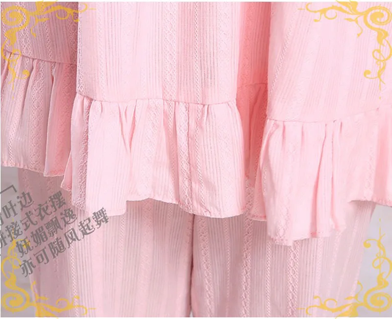 Для женщин весной Лолита розовый белый хлопковые пижамы 1/2 рукава Слои Кружева Ruched топ, футболка брюки рябить пижамы для леди
