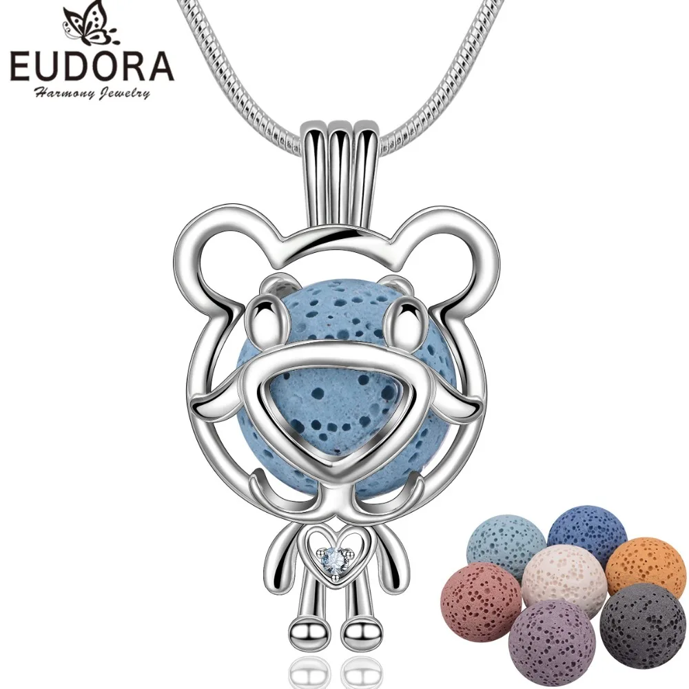

Eudora Lovely Bear Zircon Necklace Aromatherapy Essential Oil Lava Stone Diffuser Necklace Jewelry for Women Girls Gift 14mm