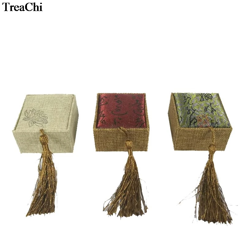 Rectangular Luxury Tassel Linen Ring Storage Box Retro Flax Screen Calligraphy Lotus Ring Organizer Display Gift Box 6.5*6*4cm