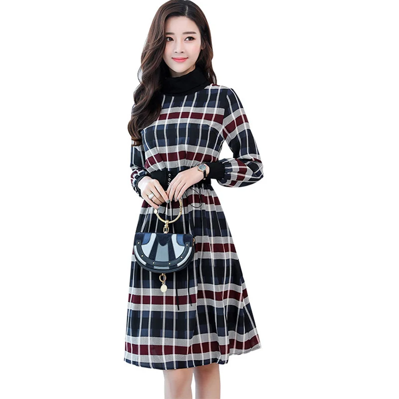 

2018 Spring Summer New Long sleeved Plaid Dress Female Plus size Fashion Slim Elegant High quality Womens dress Vestidos lj629