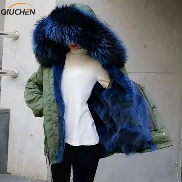 QIUCHEN 8030 2018 Winter Outwear Real Fox Fur Lined Parka With Natural Big Size Raccoon Collar Trim women winter coat | Женская одежда