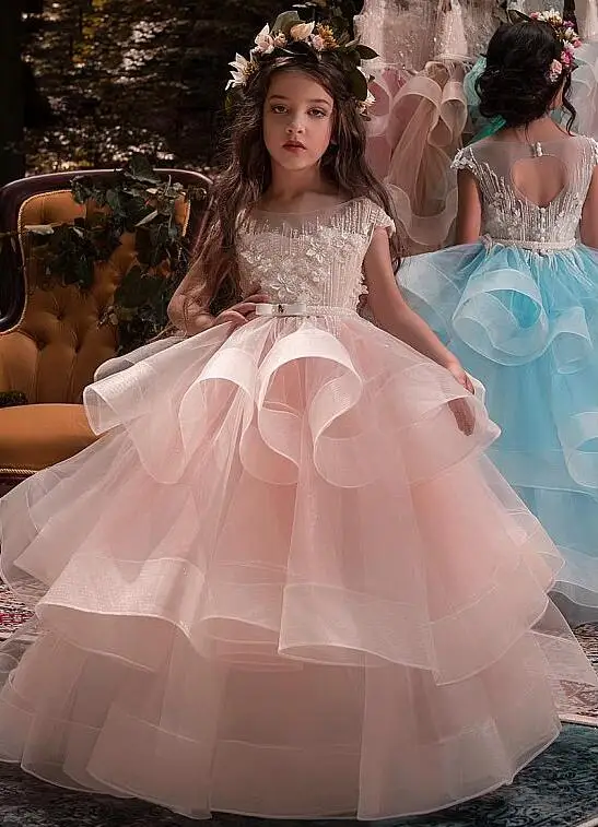 

Stunning New Puffy Organza Flower Girls Dresses for Wedding Lace 3D flowers Girls Communion Dress Ball Gown Any Size