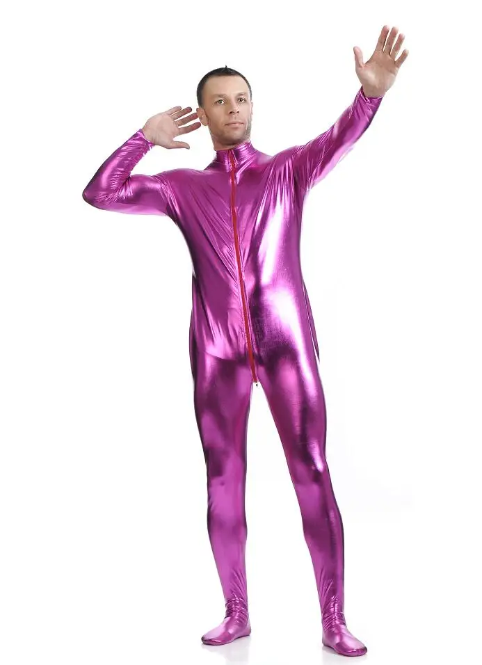 Cosplay&ware Ensnovo Men Latex Suit Black Shiny Metallic Tights Gold Zentai Full Body Unitard Custom Skin Bodysuit Zipper Front -Zentai shop online