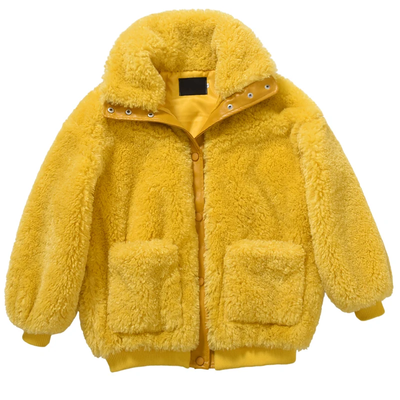 Coat Vestes Poche Rose Pink Hiver Style Manteaux Manteau yellow Fausse Lamb Coat Rue Femmes Survêtement Chaud Peluche Pardessus Chic Filles Corée Fur De Mode Agneau En Fourrure 8SnCOq