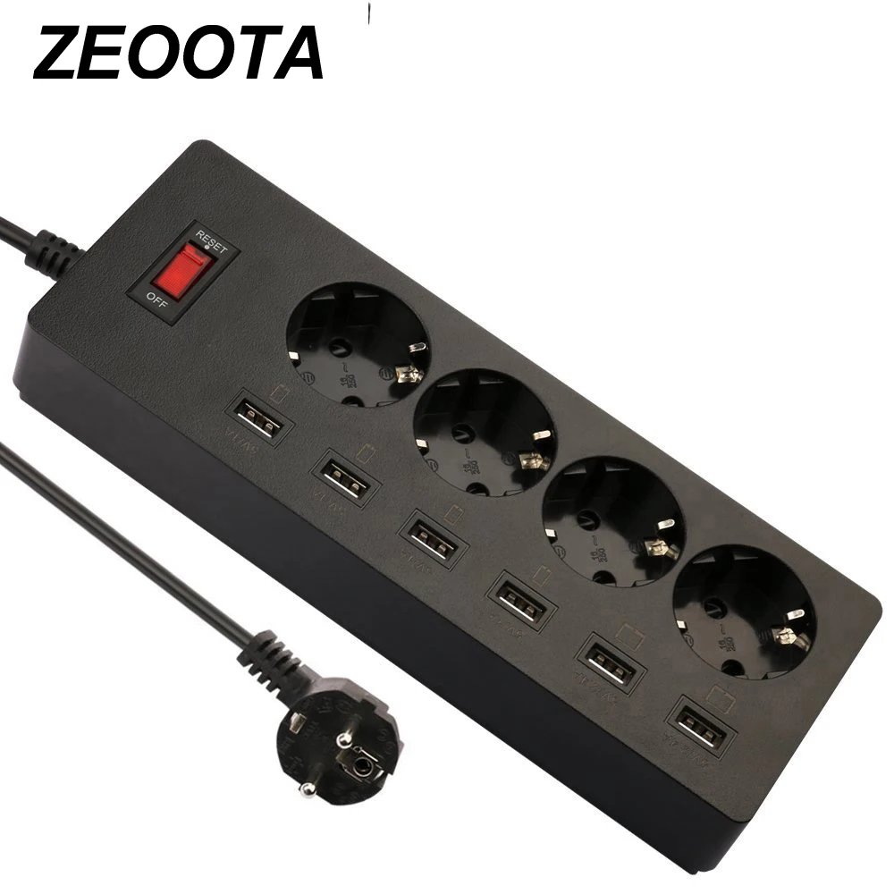 Zeoota 6-USB 4-Outlet AC Power Strip Adapter 1.8M Cable USB Wall Sockets with Switch EU Plug Extension Cord Powercube 2500w 4 outlet ac electric power bar strip w individual switch led indicator ac 250v 3m cord
