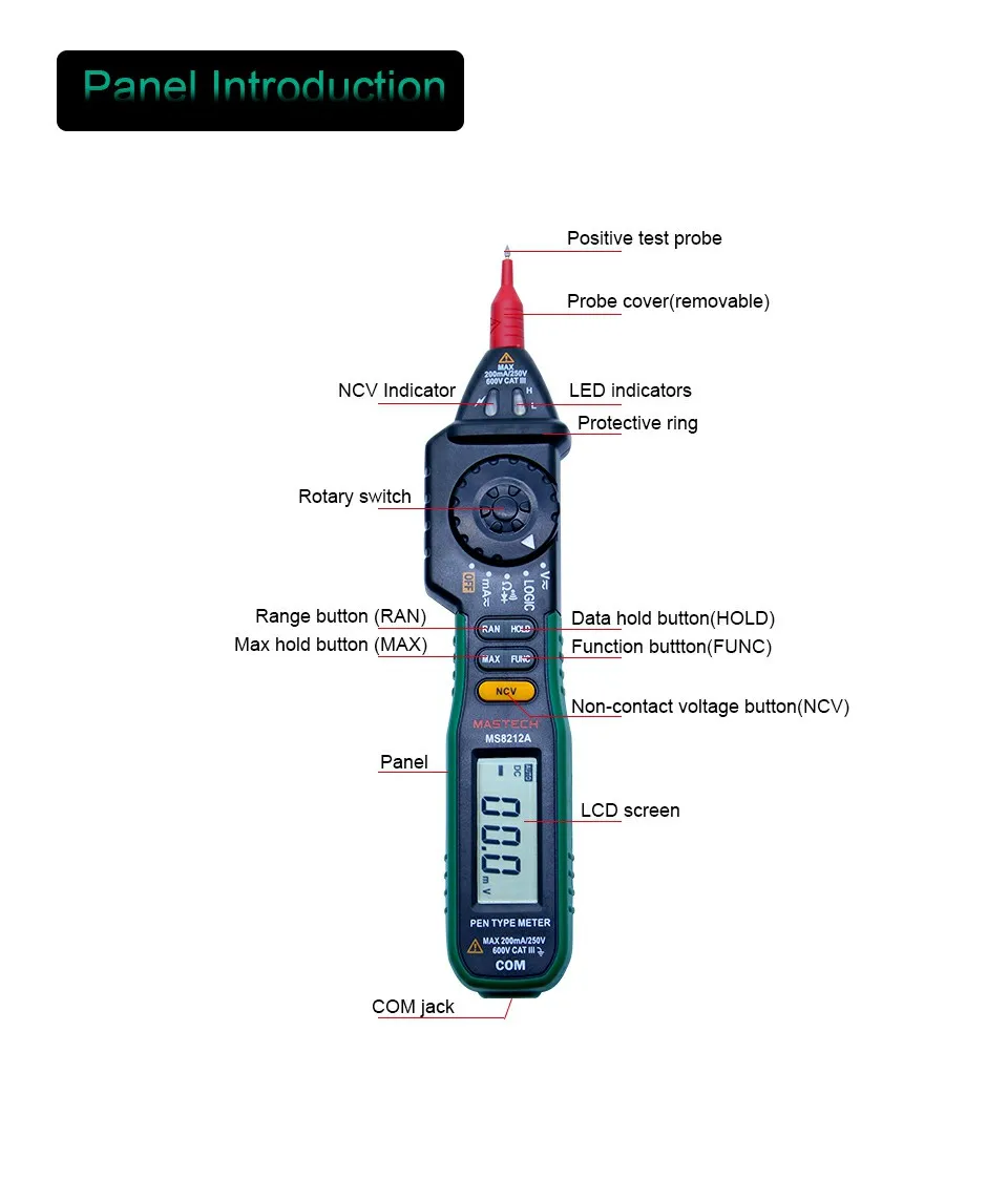 Mastech MS8212A ручка-мультиметр Тип Бесконтактное напряжение AC DC Напряжение Ток Тестер Multimetro диодный детектор VS MS8211D