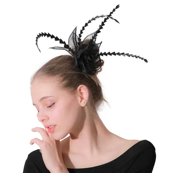 

Vintage Black Feather flower Sinamay Hair combs Yellow Bridal Hats Wedding Party Floral Hair Fascinator Hat Headband For Women