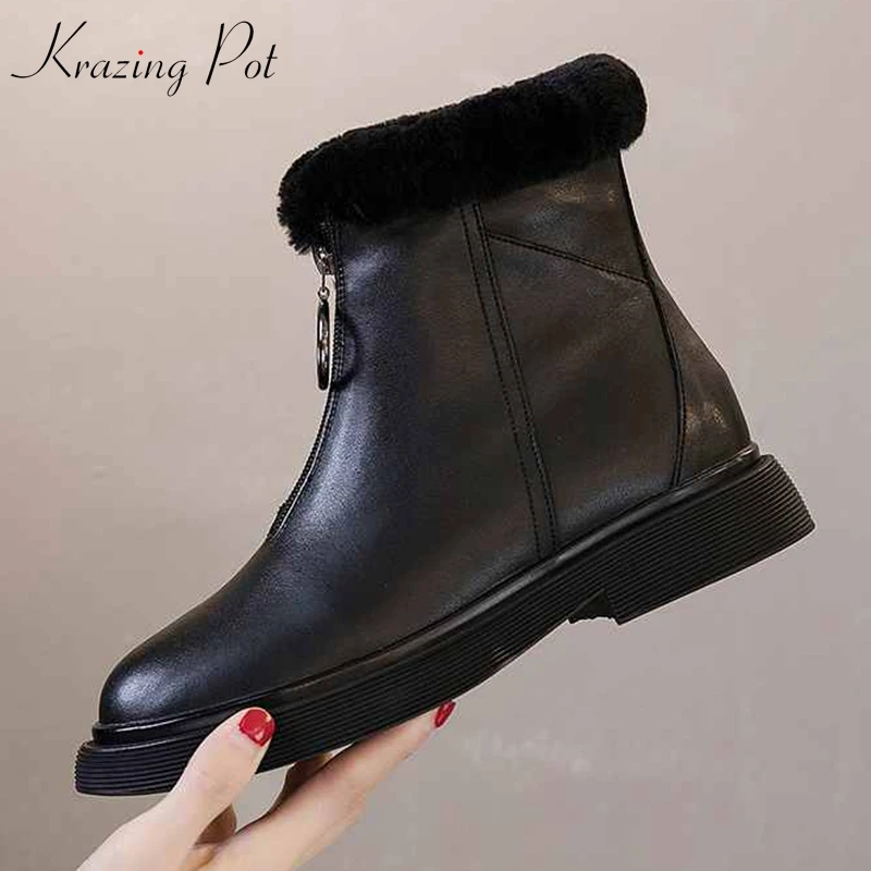 

krazing pot genuine leather round toe Western long plush snow boots style winter metal decoration keep warm leisure boots L79