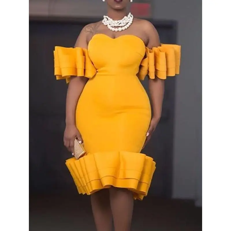 

Summer Party Elegant Sexy Club Office Lady Women Dresses Bodycon African Falbala Solid Beach Travel Female Fashion Yellow Dress