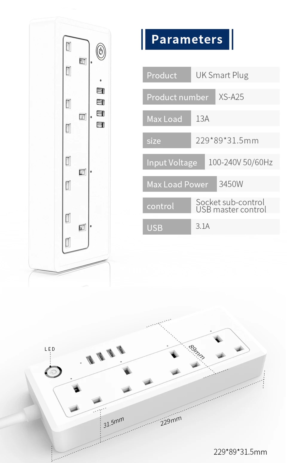 AOFO WiFi силовая полоса, стандарт Великобритании, 100-240 В, 13А, номинальная умная розетка-удлинитель alexa и google home Tuya App USB