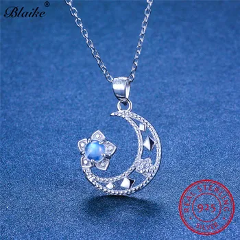 

Genuine s925 Sterling Silver Moonstone Necklace Cute Flower Moon Pendants Wedding Necklaces For Women Crystal Choker Jewelry