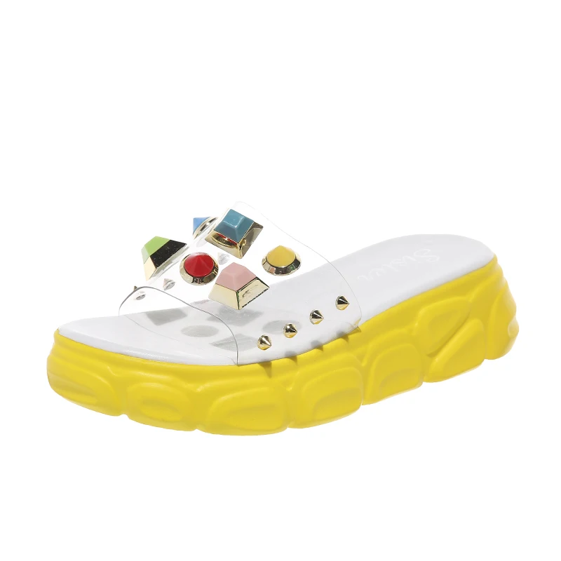 

New Summer Transparent Rivet Women Slippers Wedge Female Sandals Transparent High Heels Rhinestone Wedge Sandals