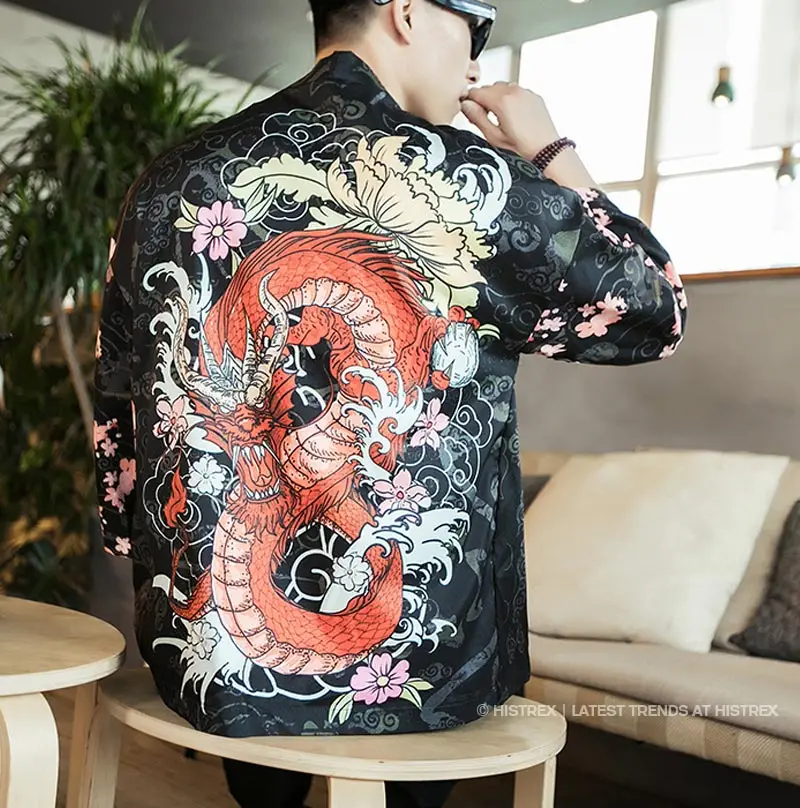 GAAJ мужское японское кимоно 3D принт китайский дракон пальто рубашка мужская летняя забавная Harajuku Рубашки стильные куртки гавайская рубашка 5XL