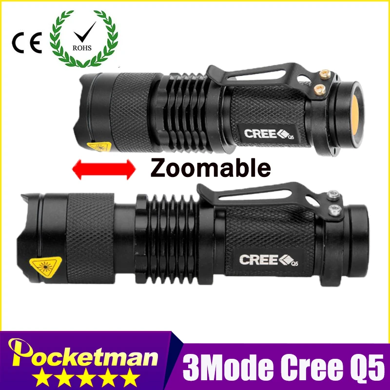 High-quality Mini Black CREE 2000LM Waterproof LED Flashlight 3 Modes Zoomable LED Torch penlight free shipping
