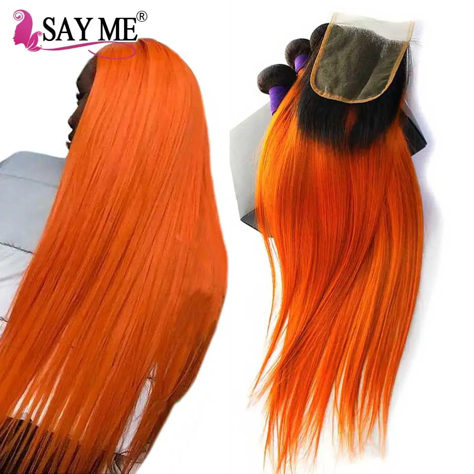 

1B/Orange Peruvian Straight Human Hair Bundles With Closure Remy Hair Weave Ombre 3 Bundles With Closure SAY ME Hair Products