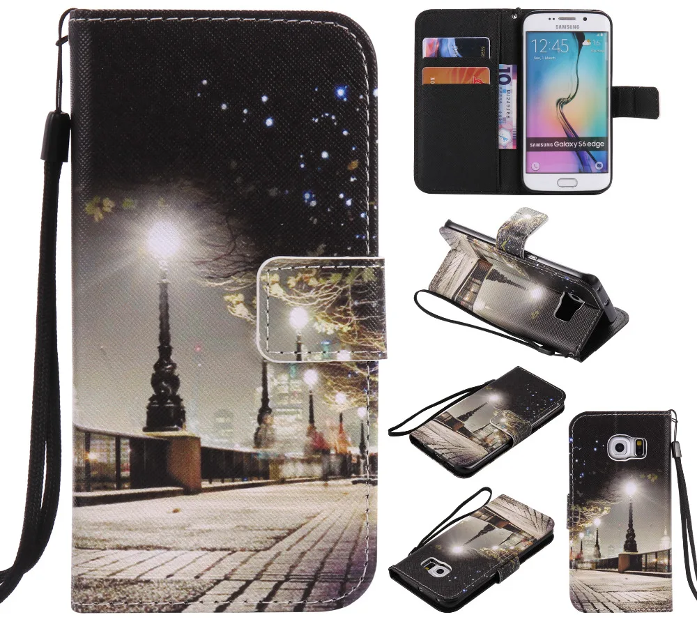 City Night Landscape Design Wallet Flip Stand Holder Pouch Skin Case For Samsung Galaxy S6 Edge G9250 Leather Cover Coque Fundas | Мобильные