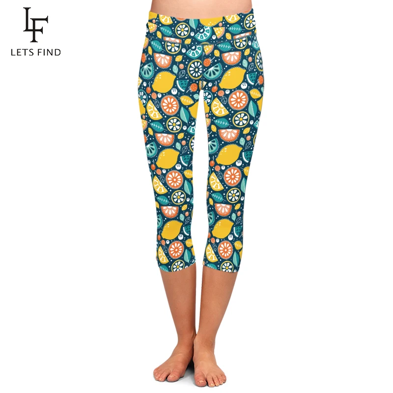 

LetsFind Summer Fruits Print Lemons and Grapefruit Design Women Capri Leggings High Waist Workout Elasticity Mid-Calf Leggings
