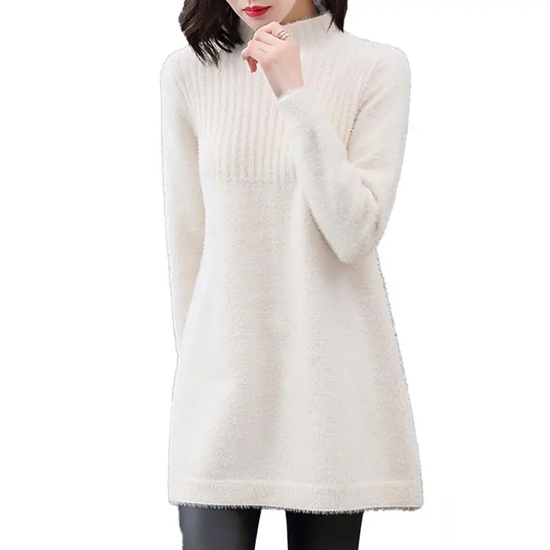 

Women Solid Faux Mink Cashmere Half Turtleneck Knitted Sweater Autumn Winter Pullover Knitted Loose A-Line Sweater Dresses V485