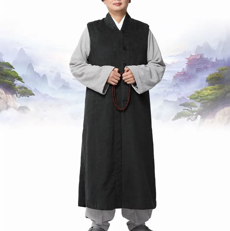 

4color winter warm shaolin monks kungfu robe Buddhist Monk gown zen suits coatvest lay clothing uniforms coffee/blue/gray