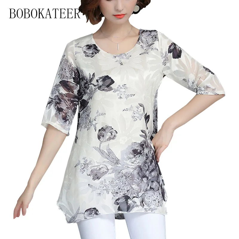 

BOBOKATEER plus size embroidery chiffon blouse summer casual loose women tops short sleeve feminina blusas feminina ver o 2019