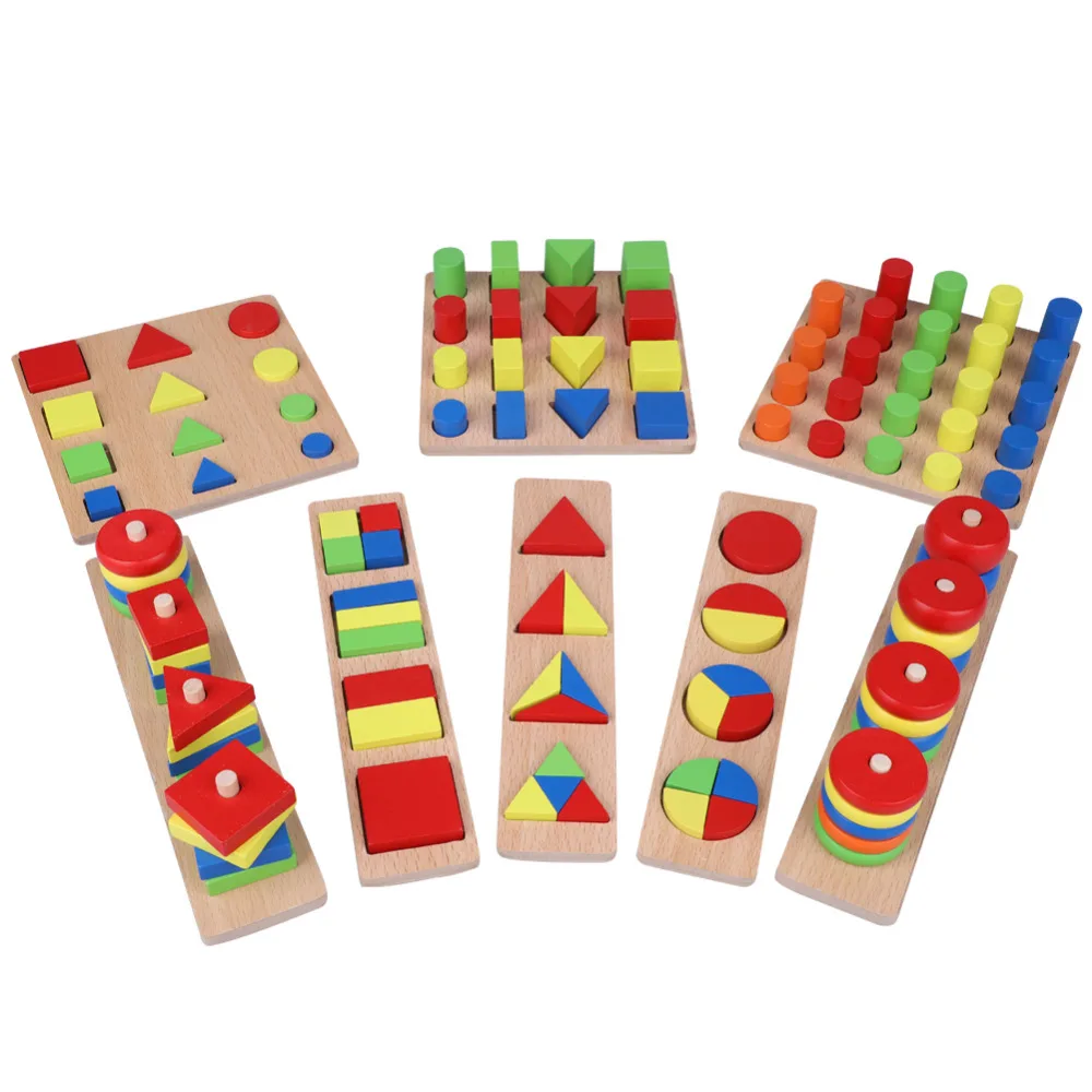8PCS Educational Toy for Kids Montessori Block Wood Teaching Aids Geometry Shape Cognitive Color