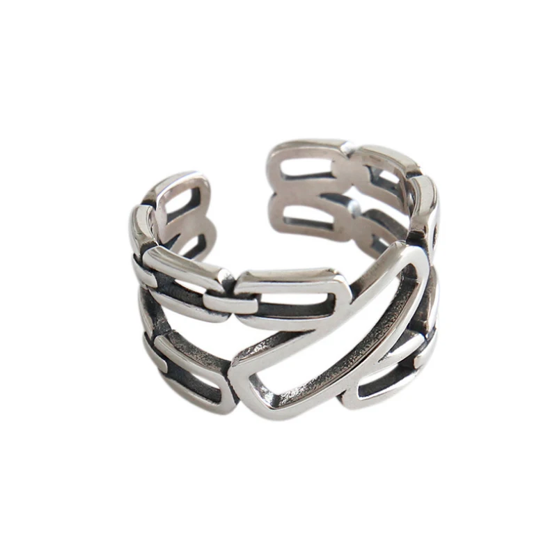 F.I.N.S, S925 Стерлинговое Серебро, кольца для женщин, Ретро стиль, старая цепочка, выдолбленное серебро, 925, открытое регулируемое кольцо, массивное широкое кольцо на палец