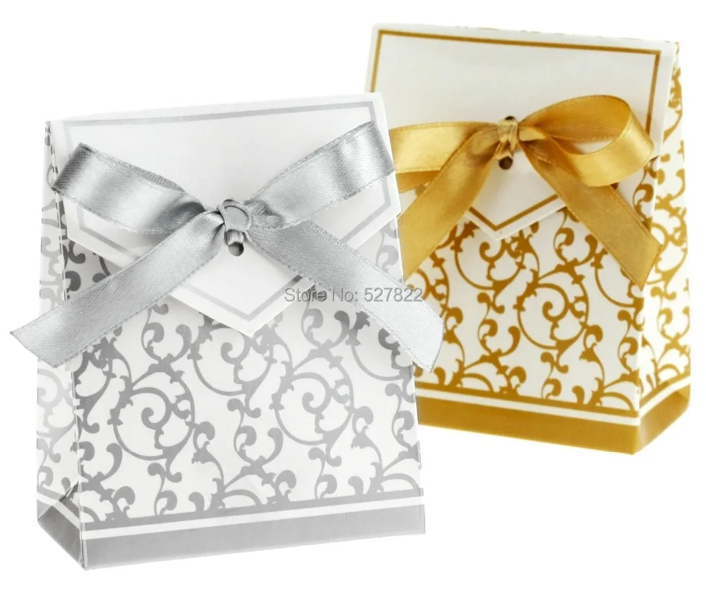 100pcs Sliver Gold Bridal Wedding Party Favor Gift Ribbons Candy Boxes Bags 50 