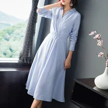 Striped V-Neck Long Sleeve Party Dress 2019 New Women Spring Summer A-Line Dress Striped V-Neck Long Sleeve Party Dress 2019 New Women Spring Summer A-Line Dress