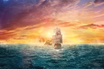 

Laeacco Photo Background Pirate Old Vintage Ship Ocean Sea Aurora Island Scenic Photographic Backdrops Photocall Photo Studio