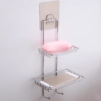 

Adhesive Stainless Steel Soap Holder Wall-mounted Double Layers Storage Rack for Bathroom Kitchen QP2
