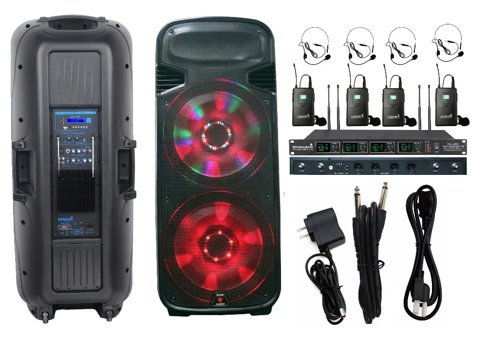4500w powered 15 inch dj pa speaker 4ch uhf dj audio wireless headset mic 