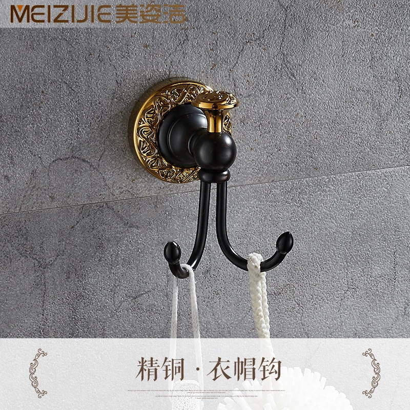 All copper black gold bath towel rack furniture rack european-style black copper wire drawing bathroom hardware hook suit - Color: single robe hook