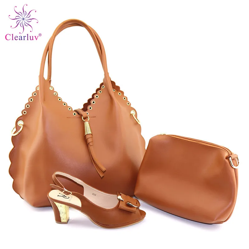 

Italian Decorated With Rhinestone Brown Pumps Shoes And Bag Set Summer Nigerian Women Wedding Shoes And Bag Set