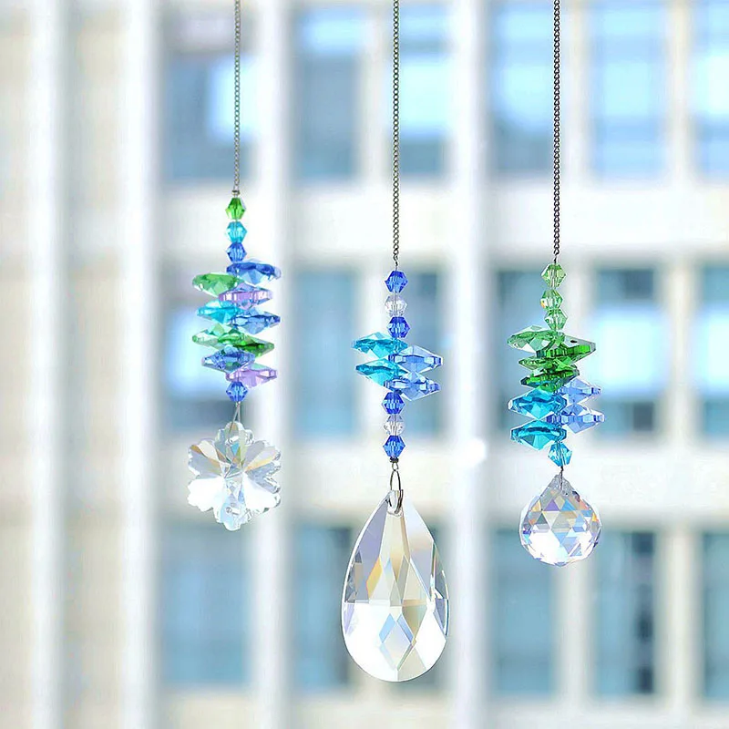 H&D Blue Chandelier Crystals Prisms Rainbow Octagon Sun Catcher, Set of