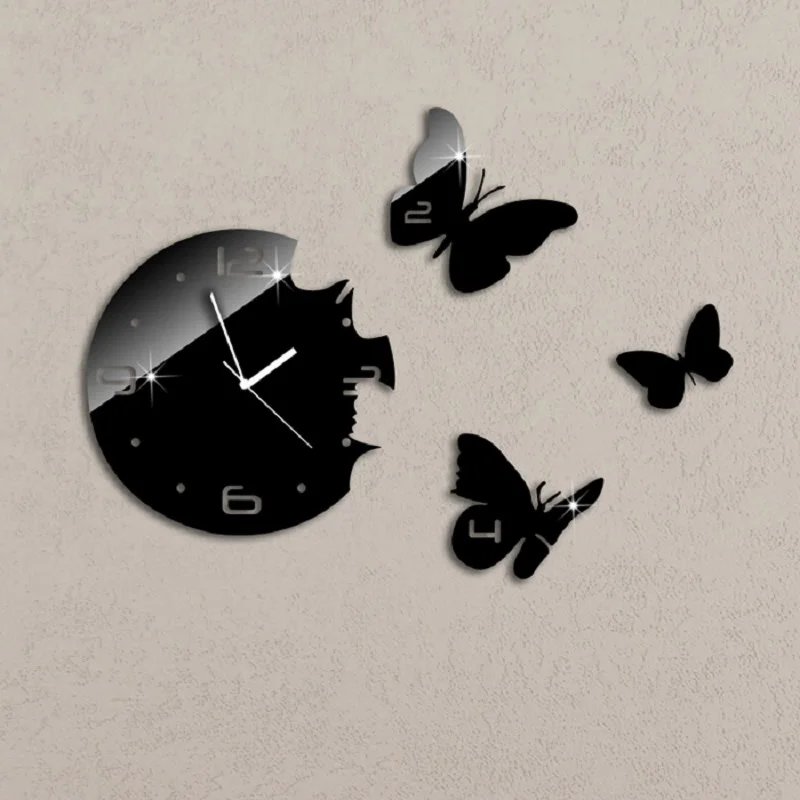 

Black Rounds 3 Butterflies Art Modern Luxury DIY Removable 3D Crystal Mirror Wall Clock Wall Sticker Living Room Bedroom Decor