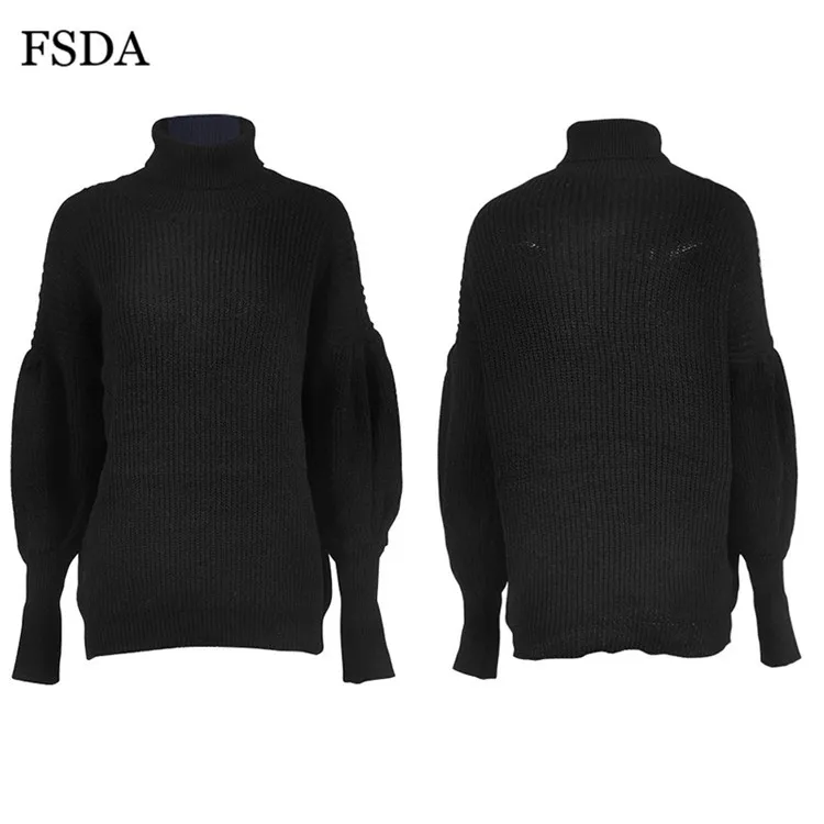 FSDA вязаный свитер женский однотонный хлопковый Высокий воротник с рукавом-фонариком свободные уличная зимняя свитер с высоким воротником