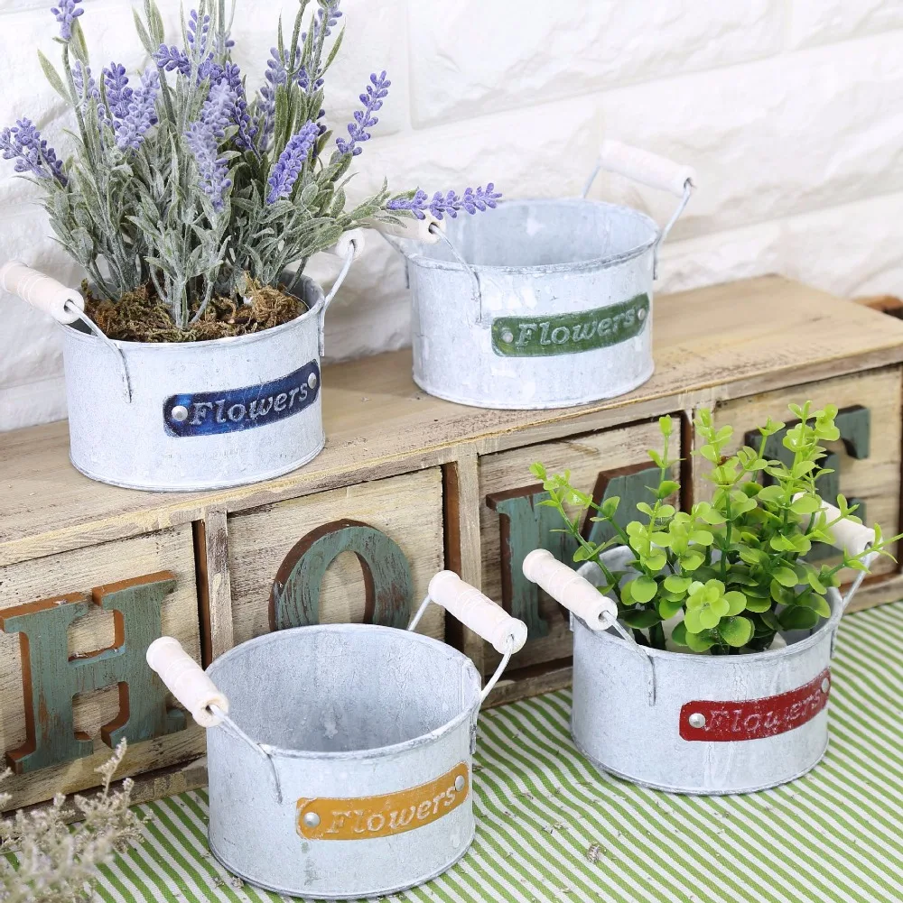 American country Retro contracted Tin Flower Pot 1PC Handle Ears Metal