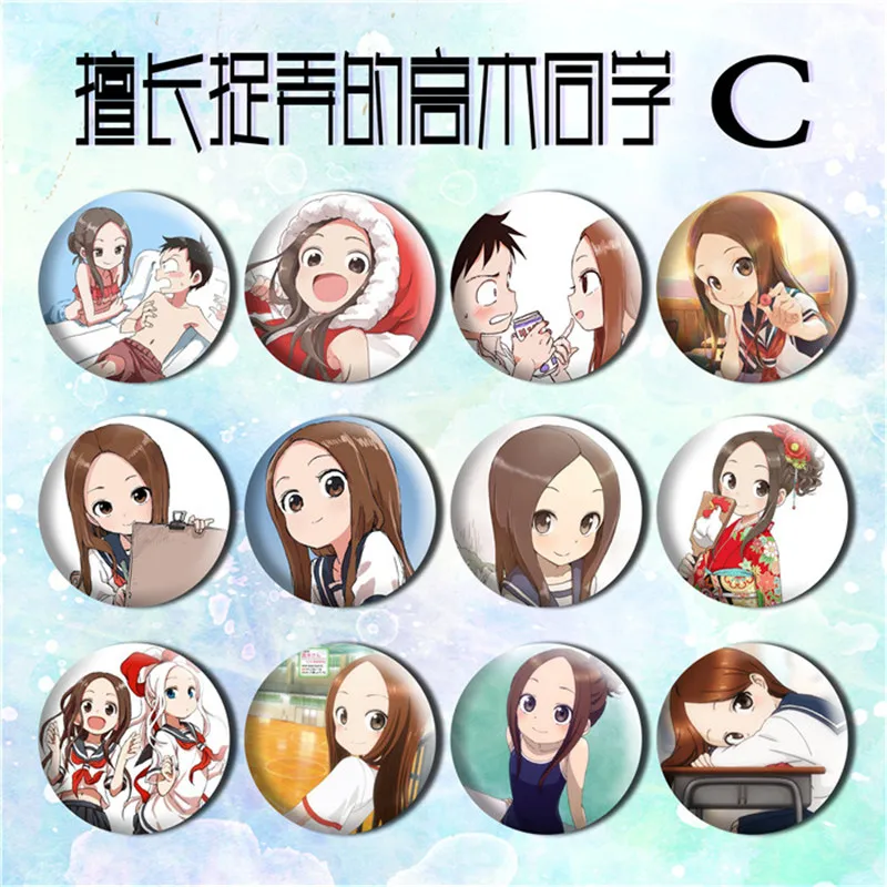 

12pcs/set 58MM Skilled Teaser Takagi-san Takagi Karakai Jouzu no Ashita Round Badge Brooch Backpack Pins Icons Gifts