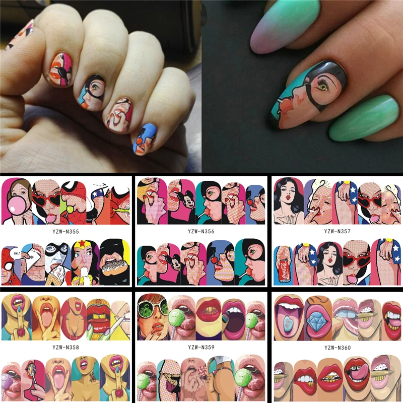 

6 Designs in 1 Nail Sets Fashion Sticker Full Cover Lips Cute Printing Water Transfer Tips Nail Art Decorations 2019 New