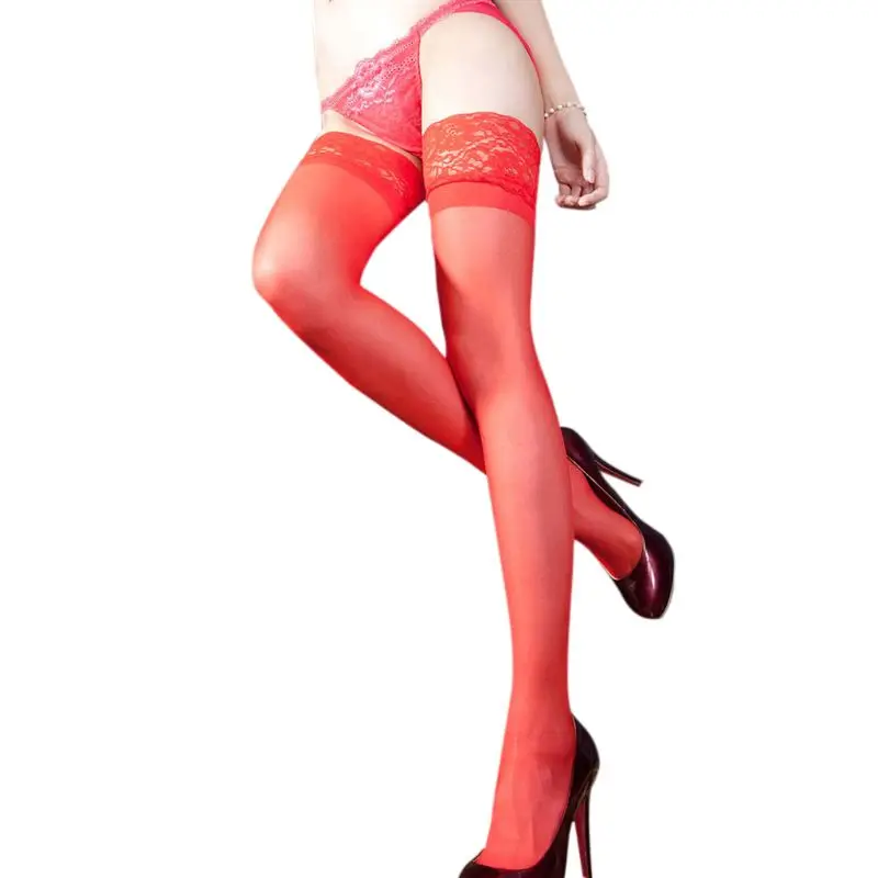 Женские сексуальные обтягивающие чулки выше колена с кружевным топом и цветочным принтом, однотонное женское белье из полиэстера - Цвет: Красный