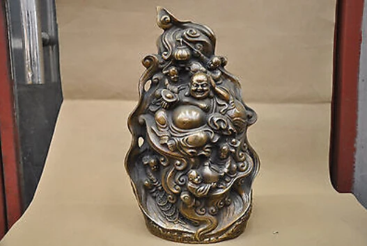 

13'' China Folk 5 Kids Play With Happy Maitreya Buddha Bronze Statue Bring Luck decoration bronze factory outlets