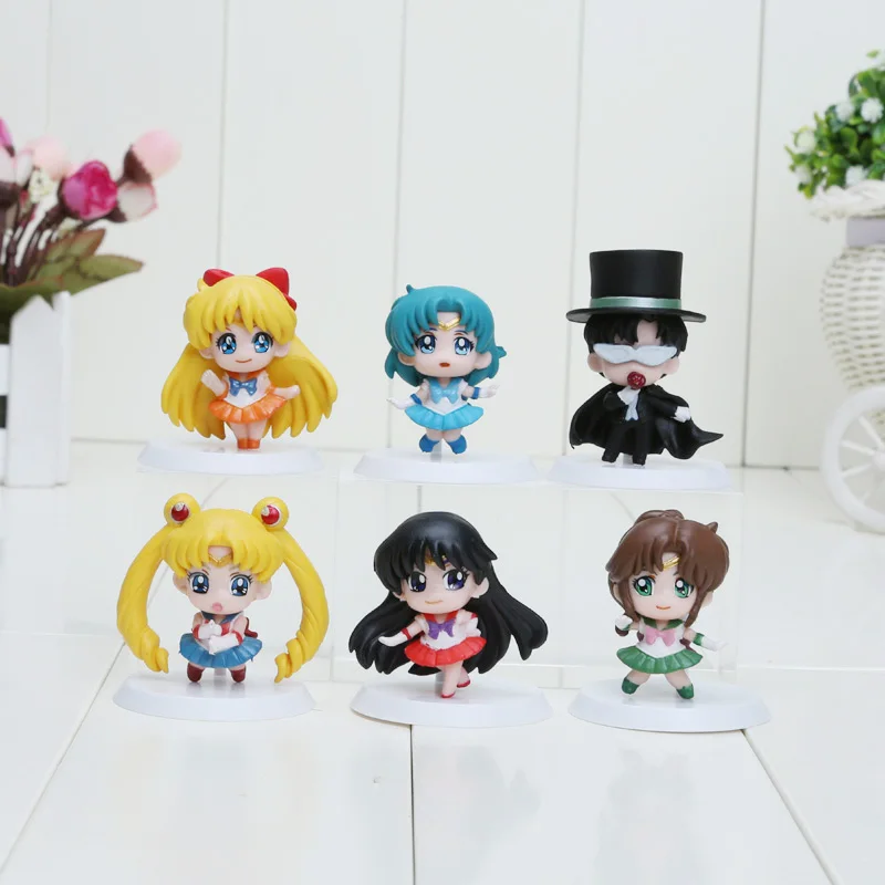 

6Pcs/Set Anime Sailor Moon Cute Tsukino Usagi Venus Mercury Mars Jupiter Tuxedo Mask PVC Action Figure Model Toy Set