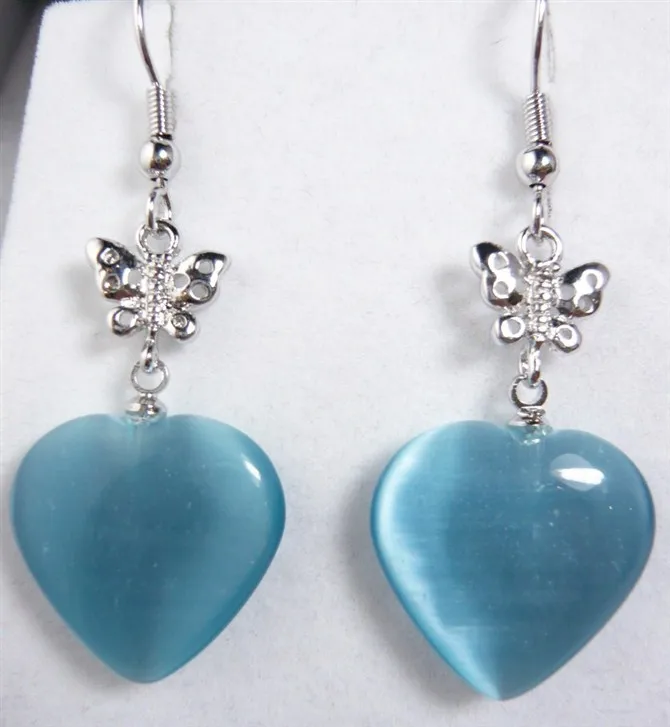 

wholesale lady's sky blue heart opal silver butterfly dangle earrings -Bride jewelry free shipping