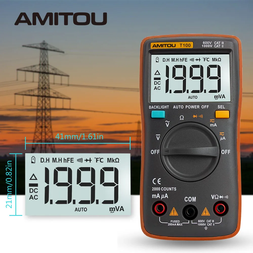 

T100 Digital Multimeter Bright Backlight Microampere Milliamp AC/DC Voltage Current Ohm Diode Resistance Capacitance Tester