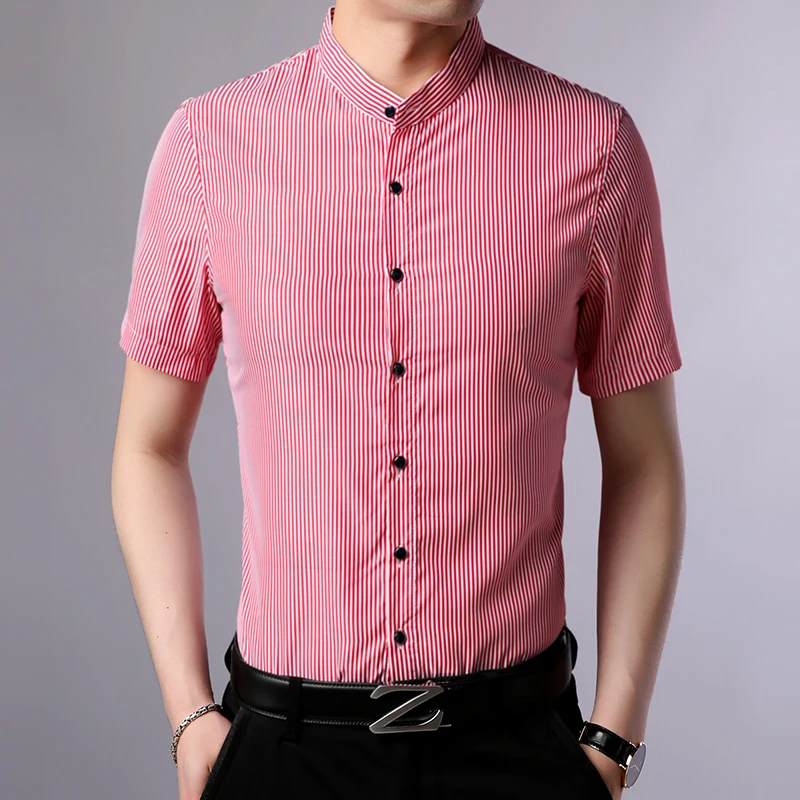 Мужские летние полосатые рубашки модные воротник-стойка одежда с коротким рукавом мужской в полоску рубашка Бесплатная доставка