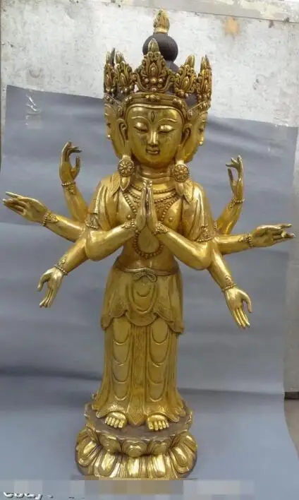 

S4259 46" Tibet Bronze Gilt 3 Head 8 Arms Ushnishavijaya Namgyalma Buddha Joss Statue