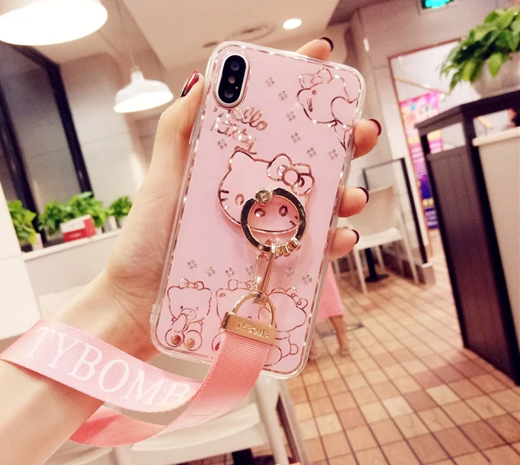 Protector bling bling con correa Hello Kitty brillos estilo diamante para iPhone X 8 7 6 Plus s cubierta con anillo stand